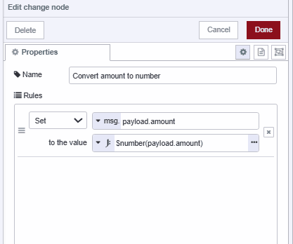 "Screenshot displaying the change node converting amount to number"