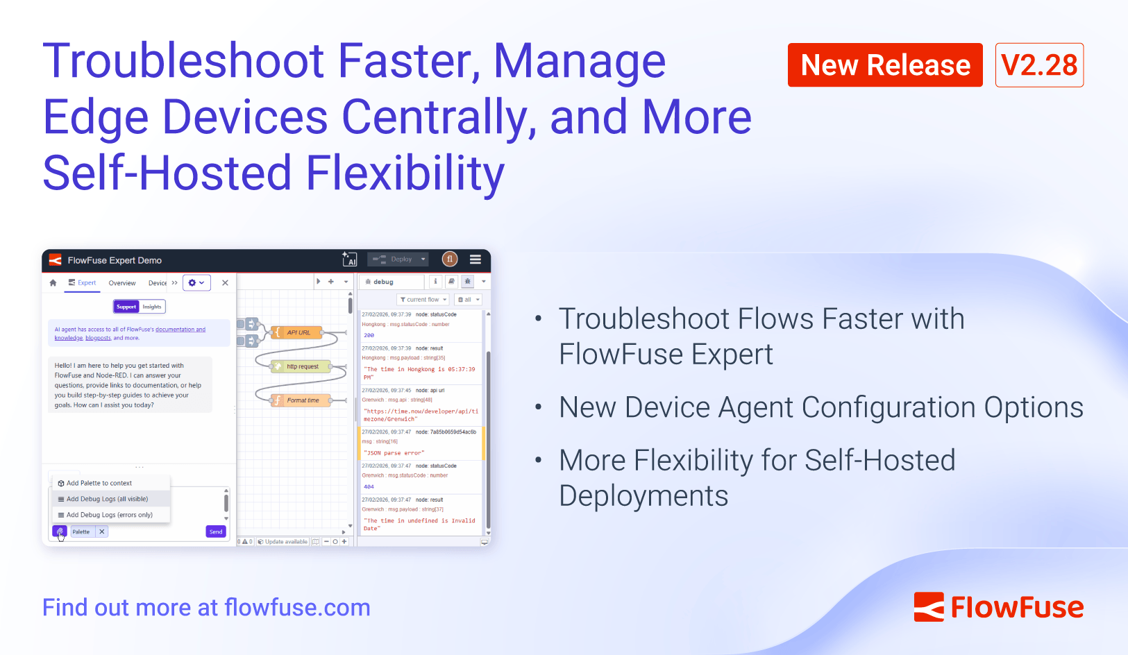 Image representing FlowFuse 2.28: Troubleshoot Faster, Manage Edge Devices Centrally, and More Self-Hosted Flexibility