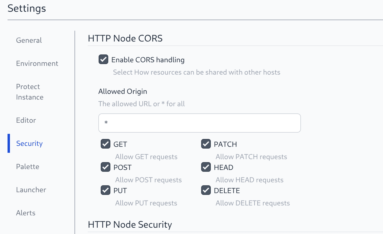 Screenshot of Hosted Instance Security Settings